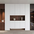 Modern Shoe Cabinet Design With White And Dark Wood Glass Doors And Decorative Sculptures