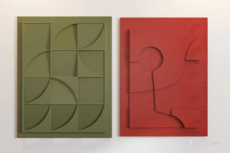 Modern Green and Red Geometric Wall Decor with 3D Textured Patterns 3d model