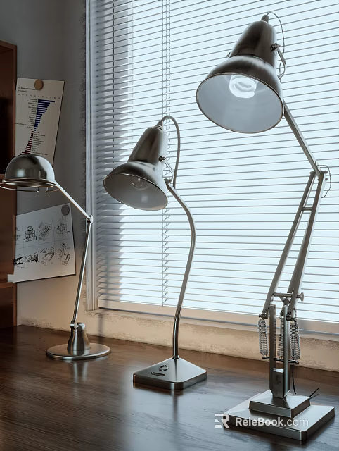 Three Modern Metal Table Lamps by Window with Blinds and Natural Light 3d model 