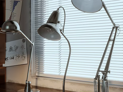 Three Modern Metal Table Lamps by Window with Blinds and Natural Light 3d model