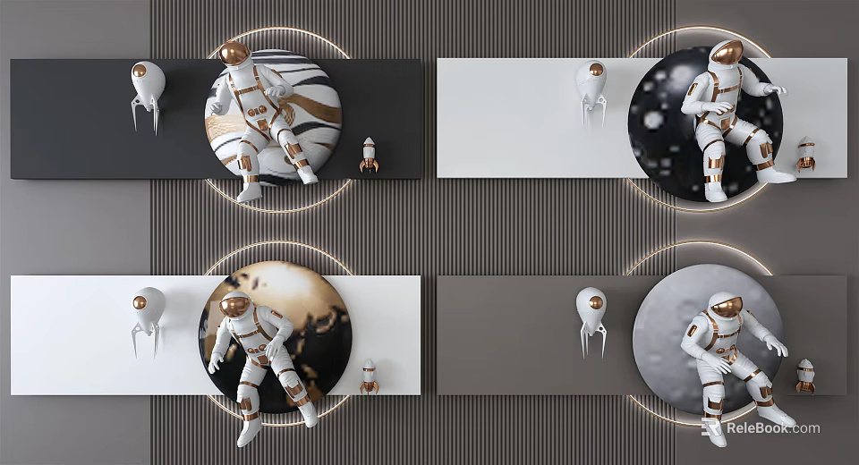 Modern Astronaut Themed Wall Decor With Moon Design And Lighting Elements 3d model