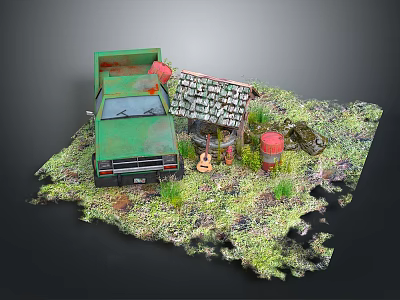 Miniature Rustic Scene With Green Truck Small Cabin Guitar And Red Bucket On Grass 3d model