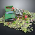Miniature Rustic Scene With Green Truck Small Cabin Guitar And Red Bucket On Grass