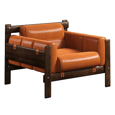 Single Sofa with Orange Leather Upholstery and Dark Wooden Frame in Modern Design 3d model