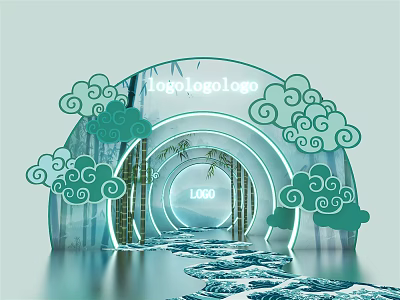 Decorative Arch Structure With Green Cloud Patterns And Bamboo Featuring Water Ripple Floor And LOGO 3d model