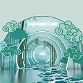 Decorative Arch Structure With Green Cloud Patterns And Bamboo Featuring Water Ripple Floor And LOGO 3d model