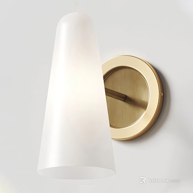 Modern Golden Circular Base Wall Lamp With White Lampshade Mounted On Minimalist White Wall 3d model 
