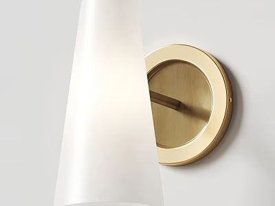 Modern Golden Circular Base Wall Lamp With White Lampshade Mounted On Minimalist White Wall 3d model