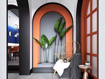 Modern Store Front Desk With Arched Doorway Orange Wall Large Green Plants And Golden Chair 3d model