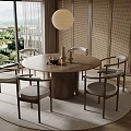 Round Wooden Dining Table Set With Chairs Pendant Light And Bamboo Screens By Large Windows