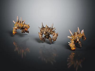 Three Spiked Creature Models With Orange Flames In Standing Pose On Gray Background With Reflections 3d model