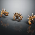 Three Spiked Creature Models With Orange Flames In Standing Pose On Gray Background With Reflections