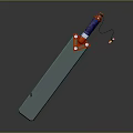 Decorative Weapon With Long Metallic Blade Blue Handle Red Accents And Yellow Pendant