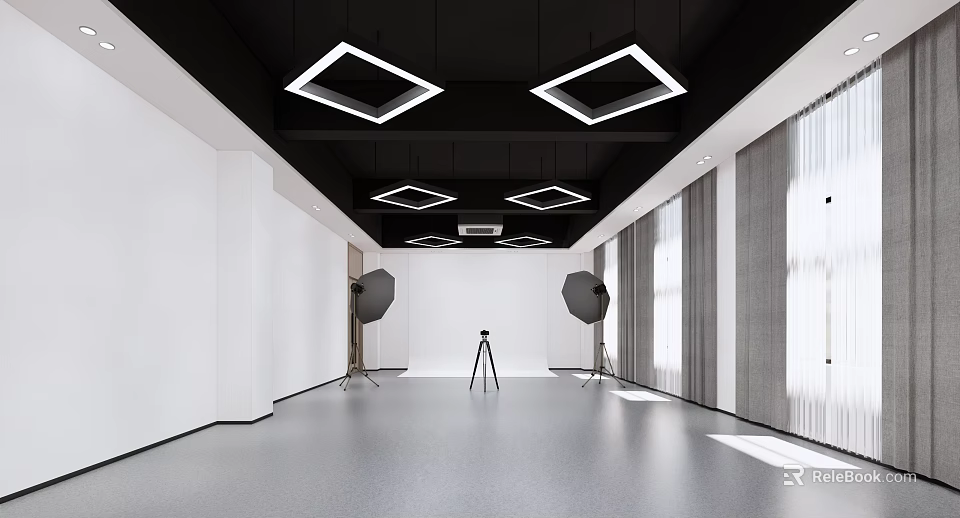 Spacious Photography Studio Interior With Black Square Ceiling Lights White Walls And Gray Floor 3d model 