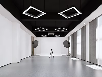 Spacious Photography Studio Interior With Black Square Ceiling Lights White Walls And Gray Floor 3d model