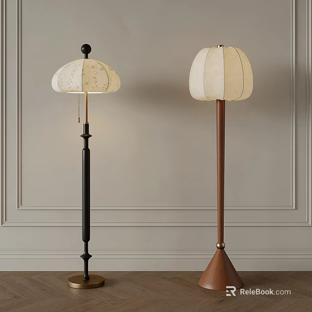 Modern Floor Lamps With Cream Shades And Black Brown Poles In Minimalist Room 3d model 