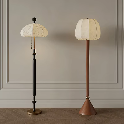 Modern Floor Lamps With Cream Shades And Black Brown Poles In Minimalist Room 3d model