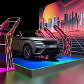 Display Shelves For Car Exhibition With Colorful Lighting And City Night View Background