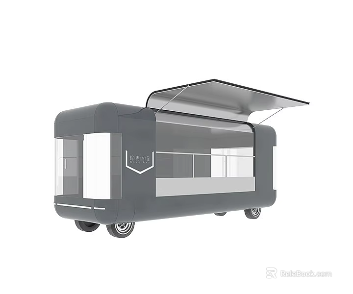 Modern Gray Food Truck With Open Awning Windows and Wheels Design 3d model 