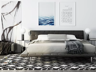 Double Bed with Three Wall Artworks Nightstands White Spherical Lamps and Geometric Area Rug 3d model