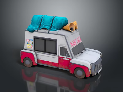 White Red Ice Cream Truck With Blue Items On Roof Yellow Horn And Stickers 3d model