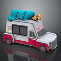 White Red Ice Cream Truck With Blue Items On Roof Yellow Horn And Stickers