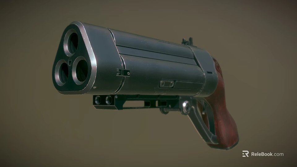 Three Barrel Revolver With Metal Body And Red Brown Wooden Grip Design 3d model 