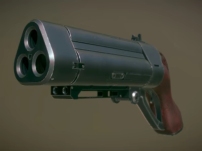 Three Barrel Revolver With Metal Body And Red Brown Wooden Grip Design 3d model