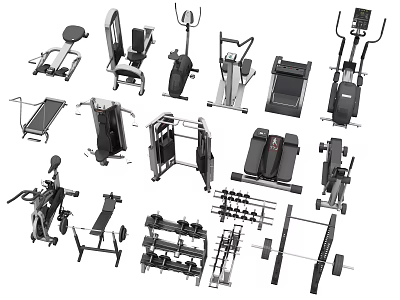 Diverse Sports Equipment Collection Featuring Treadmills Dumbbells Exercise Benches and Elliptical Machines 3d model