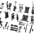 Diverse Sports Equipment Collection Featuring Treadmills Dumbbells Exercise Benches and Elliptical Machines