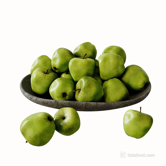 Fresh Green Apples Arranged on a Black Plate with Some Scattered Around 3d model 