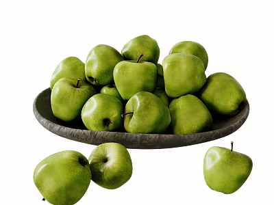 Fresh Green Apples Arranged on a Black Plate with Some Scattered Around 3d model