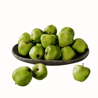 Fresh Green Apples Arranged on a Black Plate with Some Scattered Around 3d model