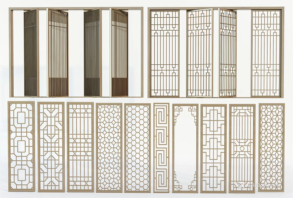 Various Style Decorative Room Dividers With Geometric Patterns And Metal Frames 3d model