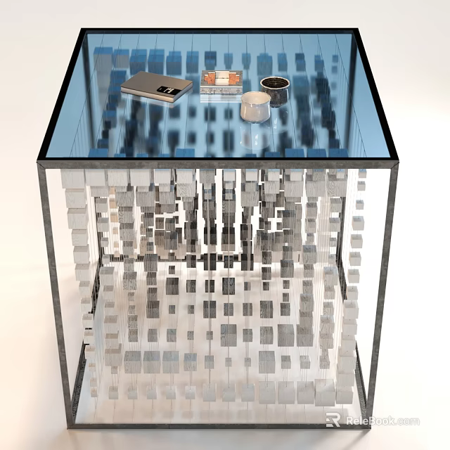 Modern Glass Top Dining Table With Cube Structured Base And Placed Decorative Items 3d model 