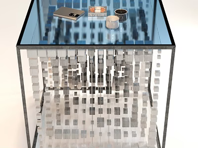 Modern Glass Top Dining Table With Cube Structured Base And Placed Decorative Items 3d model