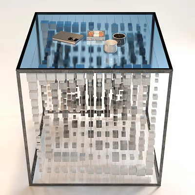 Modern Glass Top Dining Table With Cube Structured Base And Placed Decorative Items 3d model