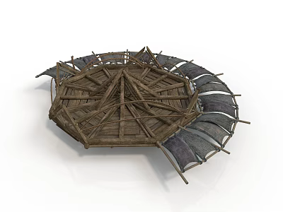 Ancient Traditional Circular Wooden Building With Cross Beam Frame And Canvas Coverings 3d model