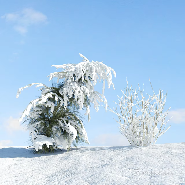 Snow Covered Shrubs in Winter Landscape with Clear Blue Sky and Snowy Ground 3d model 