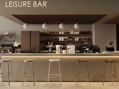 Leisure Cafe Interior With Bar Counter Stools Hanging Lights Shelves And Coffee Machines 3d model