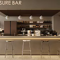 Leisure Cafe Interior With Bar Counter Stools Hanging Lights Shelves And Coffee Machines