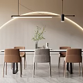 Modern Dining Table Set With Brown Gray Chairs Striped Wall And Arched Lighting 3d model