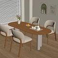 Cozy Dining Table With Beige Cushioned Wooden Chairs Fruit Bowl Vase Flowers And Decorative Paintings