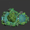 3D Fantasy Landscape With Floating Island Green Trees Blue Water And Rocks