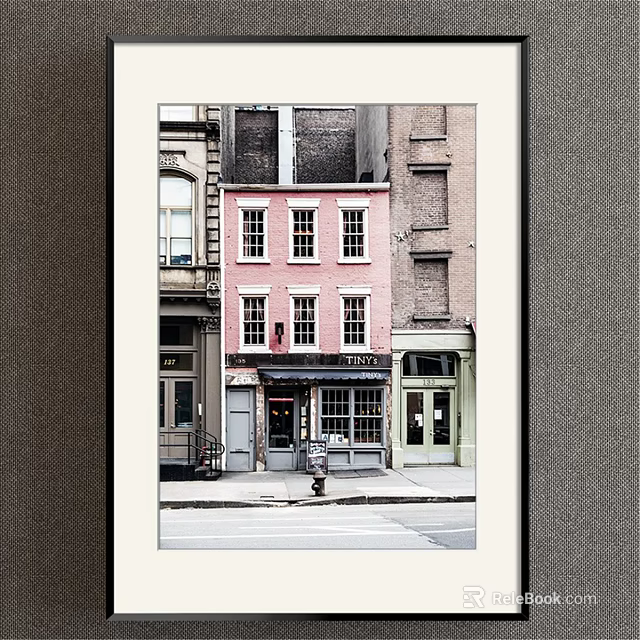Framed Landscape Painting of Urban Street Scene with Pink Building Windows Shop and Fire Hydrant 3d model 