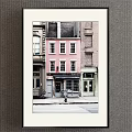 Framed Landscape Painting of Urban Street Scene with Pink Building Windows Shop and Fire Hydrant