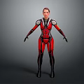 Futuristic Sci Fi Character In Red And Silver Bodysuit Standing Pose Design