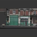 Corner Building Model With Red Brick Walls Green Roller Shutter And Green Door