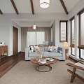 Warm Living Room Interior With Wooden Armchair Round Coffee Table Blinds And Wooden Floor