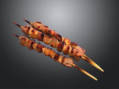 Delicious Tender Grilled Meat Skewers With Charred Edges On Bamboo Sticks 3d model